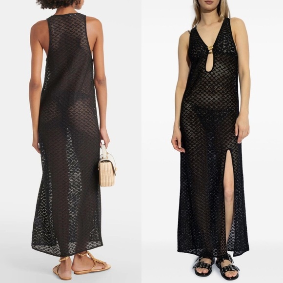 NWT GANNI Sheer Lace V-Neck Gold Butterfly Logo Clasp Sleeveless Maxi Dress L - Picture 2 of 13